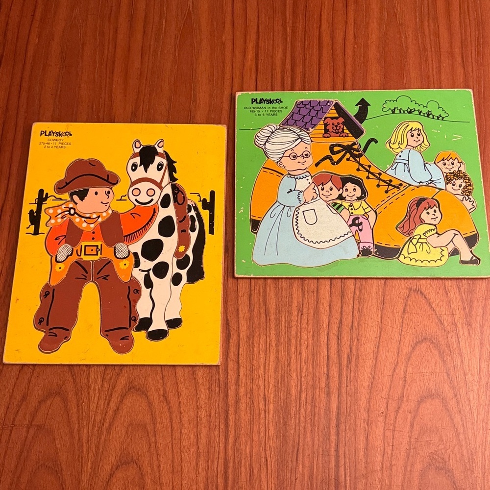 Vintage Playskool Wood Wooden First Puzzle Preschool Large Piece Set of 2 Cowboy